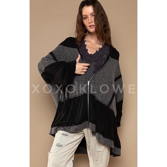 POL Black & Gray Zip Up Hoodie Lace Trim Oversized Slouchy Fit - Picture 3 of 11